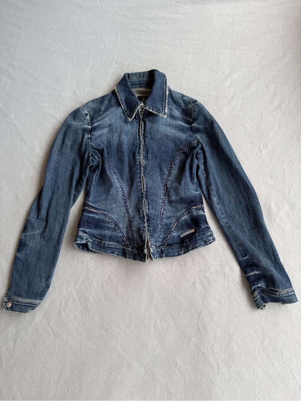 Vintage Versace Jeans Couture Denim Jacket Women Sz XS Y2K 2000s Full Zip Collar